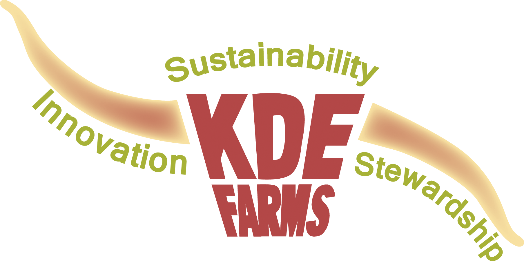 Brian Ehret - KDE-Farms_color-large Logo of KDE Farms featuring the text "KDE Farms" prominently in red, surrounded by the words "Sustainability," "Innovation," and "Stewardship" in green, with decorative horns on either side, representing a commitment to sustainable farming practices.