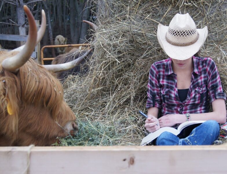 Young woman in a cowboy hat sitting on hay, writing in a notebook, with a Highland cow nearby, capturing a serene farm setting.